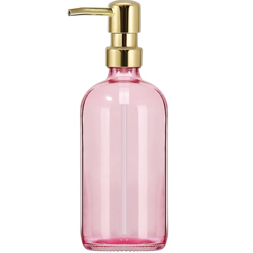 GMISUN Pink Soap Dispenser Bathroom, 1 Pack Glass Dish Soap Dispensers for Kitchen with Rustproof Plastic Gold Pump, 17 Fl Oz Bathroom Hand Soap Dispenser, Modern Liquid Dishwashing Dispensers Bottle - color: Pink Bottle + Golden Pump, size: 1 Pack