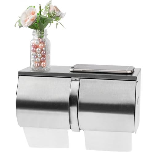 Desyeryamimi Double Roll Toilet Paper Holder Dispenser with Shelf Storage-Commercial 2-Roll Side by Side Stainless Steel Toilet Tissue Holder/Dispenser Wall Mount for Bathroom/Restroom-Brushed Finish