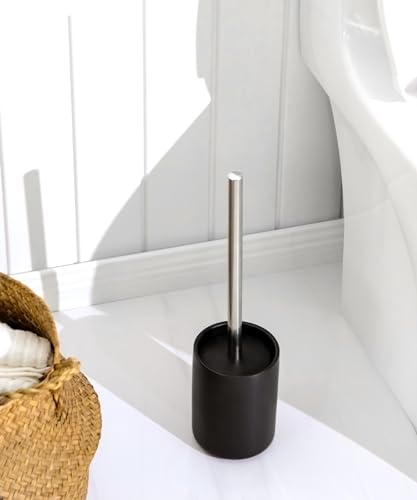 Ceramic Toilet Brush & Holder Set - Freestanding Deep-Cleaning Toilet Bowl Cleaner Brush, Stainless Steel Handle, Small & Sturdy for Storage, Easy to Clean, Non-Scratching - color: Matt Black
