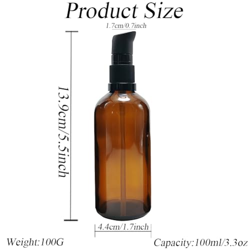 2PCS Upscale Amber Glass Refillable Pump Press Lotion Bottles Container Jars Pot For Makeup Foundations Cosmetic Skin Care Cream Emulsion Essential Oils(100ml / 3.4oz)