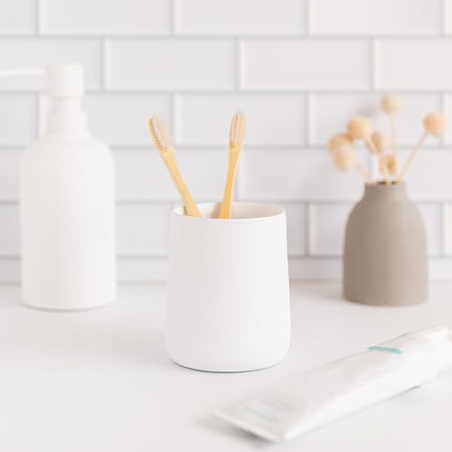 Yew Design Matte White Toothbrush and Toothpaste Holder and Cup for Bathroom Vanity and Countertop, Round Organizer for Electric Toothbrushes, Floss, Razors, Cotton, and Mouthwash - color: Round Matte White