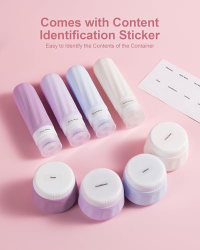 Mrsdry Travel Size Toiletries 8 Pack, TSA Approved 3oz Silicone Squeeze Bottles & Cream Jars with Clear Travel Bag - color: Lavender, size: 3oz bottle 3oz jar