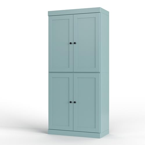 Palace Imports Solid Wood Tall Bathroom Pantry Cabinet with 4 Shaker Doors & Adjustable Shelves, Aqua - 100% Eco-Friendly, Renewable, Space-Saving Storage, 71.5" H x 32" W, Made in Brazil - color: Aqua