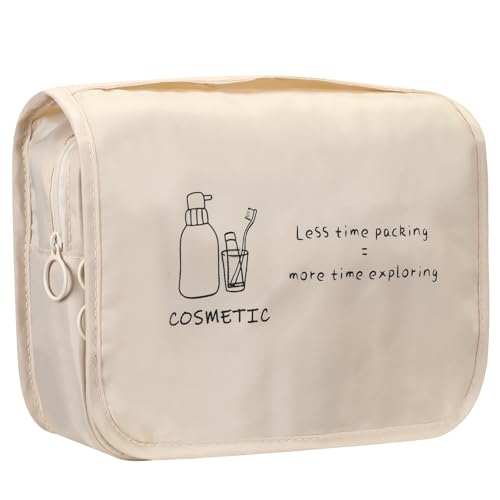 FINPAC Toiletry Bag, Large Capacity Hanging Makeup Bag with Waterproof PVC Compartment, Travel Cosmetic Organizer for Women, Makeup Lovers, Cruise, Gym, and Family Trips, Beige - color: Beige
