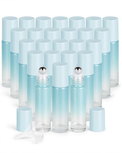 Worldgsb 25 Pack Essential Oil Roller Bottles, 10ml Refillable Glass Roller Bottles with Stainless Steel Roller Balls and Caps for Travel, Perfume and Lip Gloss Blue Gradient - color: Blue-Gradient, style: 25 Pack