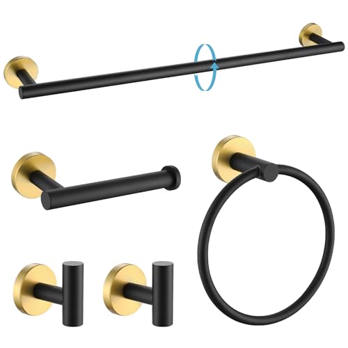 TURS Black and Gold Bathroom Hardware Set 5 Piece, SUS304 Stainless Steel Gold Black Towel Bar Set, 24 Inch Bathroom Accessories Kit Wall Mounted - color: Black&gold