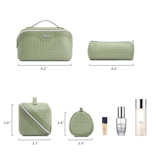 BOYATU Travel Makeup Bag Cosmetic Bags for Women: Large Capacity 3 Pcs Set Make up Bag with Compartments - Waterproof Vegan Leather Toiletry Organizer Bags with Handle (L51Grass Green) - color: L51Grass Green
