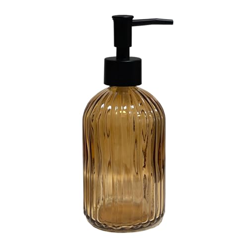Black Pump Glass Soap Dispenser, 13.5oz Brown Stripe Countertop Refillable Liquid Bottle Hand Dish Lotion Dispenser with Plastic Pump, for Kitchen, Bathroom Countertop - color: Brown