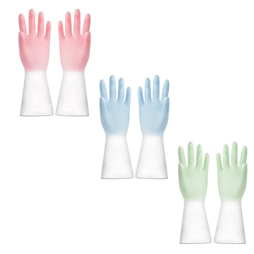 3 Pairs of Silicone Cleaning Gloves – Waterproof, Durable, and Flexible for Dishwashing and Household Cleaning - color: 1 Pair Pink+1 Pair Blue+1 Pair Green, size: Large