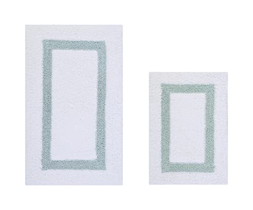 Better Trends 100% Cotton Hotel Collection Bath Mats Set, White & Blue Mats - Tufted, Reversible & Absorbent & Machine Washable 2 Piece Bathroom Rug Set, Shower & Sink Bath Mat, Rugs for Bathroom - color: White & Blue, size: 2 Piece Set (17" x 24" | 21" x