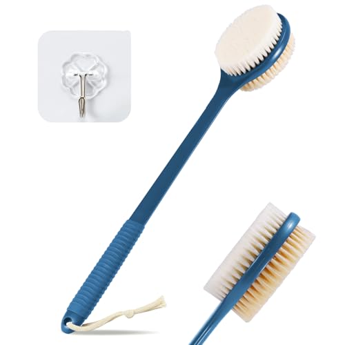 VANZAVANZU 17 Inch Anti-Slip Long Handle Back Scrubber for Shower – Dual-Sided Shower Brush and Shower Back Scrubber with Soft and Stiff Bristles for Wet or Dry Brushing (Navy Blue) - size: 17 in - Navy Blue