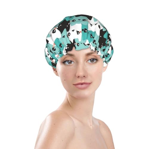 Cat Pattern Shower Cap For Women Reusable Waterproof Double Layers Bath Cap Hair Protection Elastic Ladies Spa Salon Shower Hat - color: Cat Pattern