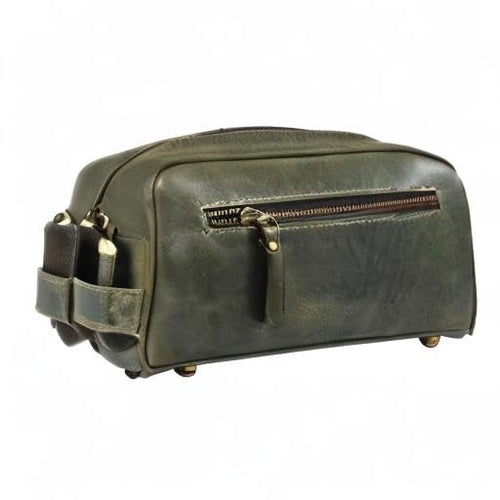 10" Premium Leather Toiletry Travel Pouch With Waterproof Lining Black Color | King-Size Handcrafted Vintage Shaving Kit By Aaron Leather Goods - color: Green Tawny