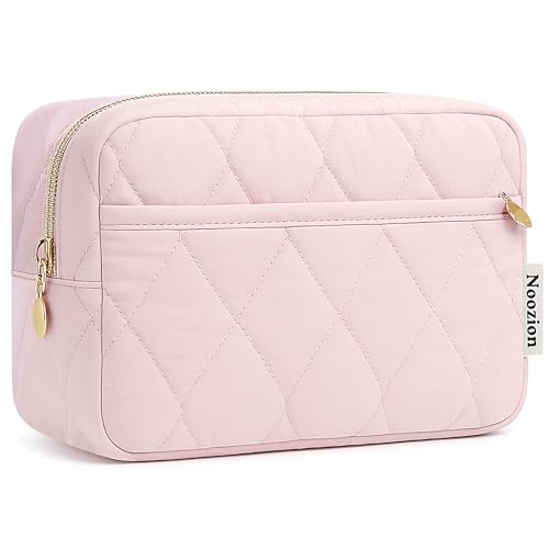 Noozion Makeup Bag Travel Toiletry Bag, Puffy Padded Cosmetic Bag for Women, Makeup Organizer Case, Wide-open Pouch Purse, Travel Essentials - color: Pink