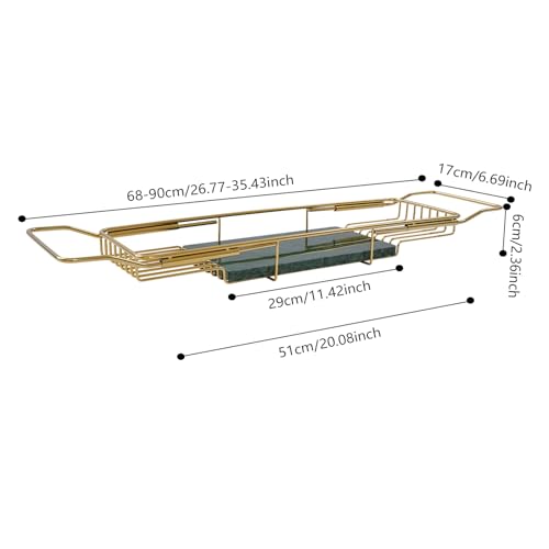 Stainless Steel Bathtub Tray with Removable Marble Board,Extendable Rectangular Bathtub Tray,Adjustable Bath Caddy Board for for Bath Bombs, Spa, Shower (Golden+Green) - color: Golden+green