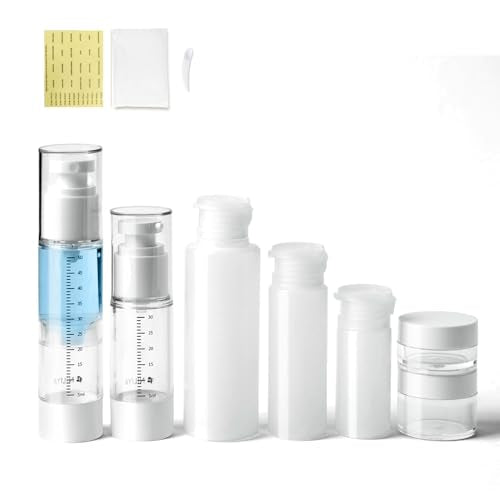 Travel Bottles Kits 7 Pcs , TSA Approved Leak Proof Toiletry Container Set, Graduated Vaccumn atomizer and Lotion Bottle, Squeeze Bottle, Transparent Cream Jar, for Shampoo Lotion Cream Cosmetic
