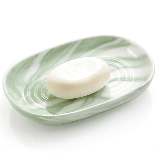 OTHIX Ceramic Soap Dish with Unique Marble Texture, Decorative Bar Soap Holder for Bathroom and Kitchen, Cute Soap Dishes for Bar Soap, Jewelry, Ring (Green Texture) - color: Green Texture