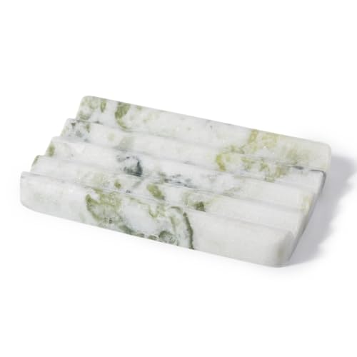 Karibiber Marble Soap Dish, Large Stone Bar Soap Holder Shower, Green Bathroom Soaps Saver, Easy Cleaning Natural Stone Sponge Holder for Kitchen Sink, Executive Jewelry Ring Tray - color: Light Green