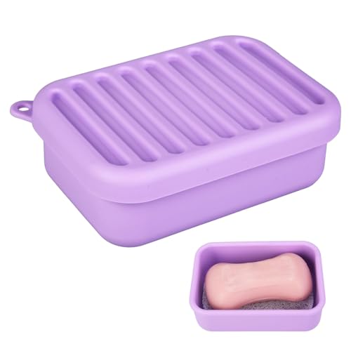 Silicone Travel Soap Case, Leak-Proof Soap Container with Drain Pad, Purple | Silicone Soap Holder, Travel Soap Case, Leak-Proof Soap Box, Removable Drain Tray, Portable Soap Container, Gym & Camping Use - color: Light Purple