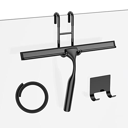 Shower Squeegee for Glass Doors, 10-Inch Stainless Steel Squeegee Bathroom Doors Mirror Car Windows with Matching Hooks Holder and Replacement Blade (Black) - color: Black, size: 10-inch