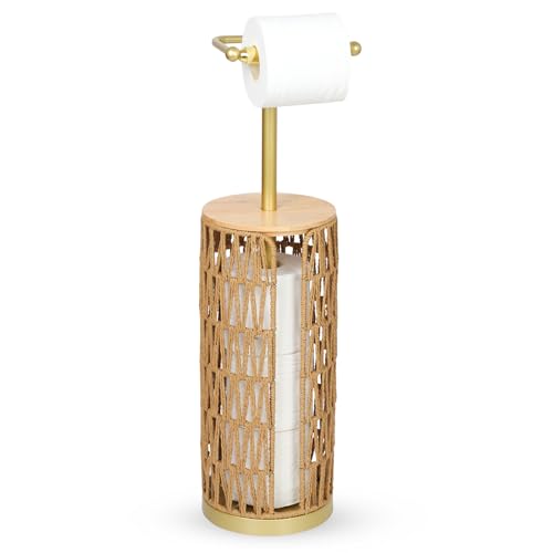 Trongee Freestanding Toilet Paper Holder with Storage,3 Rolls of Boho Toilet Paper Holder Stand with Lid,Gold Toilet Tissue Holder Stand Rattan Paper Storage Wicker Toilet Roll Holder Basket - color: U-gold