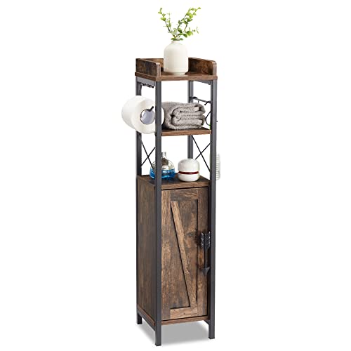 VECELO Small Bathroom Cabinet,Slim Toilet Paper Holder with Door&2 Shelves, Upgraded Narrow Storage Organizer for Restroom Bathroom Tiny Space,Metal Scroll Fenced Top Waterproof Coating,Brown