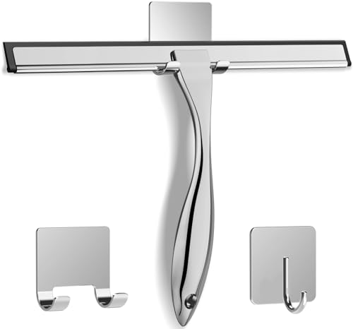 All-Purpose Stainless Steel Shower Squeegee for Shower Doors with 2 Adhesive Hooks, Bathroom Cleaner Tool Household Window Mirror Squeegee for Home Cleaning, Glass Door, Tile Wall, Car, 12 Inch Silver - color: Silver, size: 12 Inch