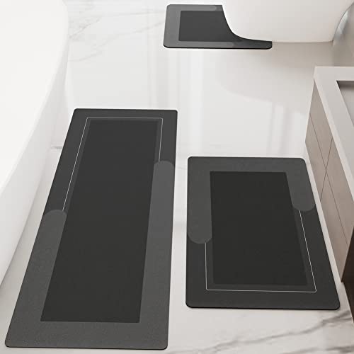 HelloTree 3PCS Bath Mat Rug Rubber Non Slip Quick Dry Rug Sets Super Absorbent Thin Bathroom Rugs Fit Under Door Dark Grey Washable Bathroom Floor Mats for in Front of Bathtub, Shower Room, Sink - color: Dark Grey, size: 20" X 32" + 20" X 47"+ U Shape 20"