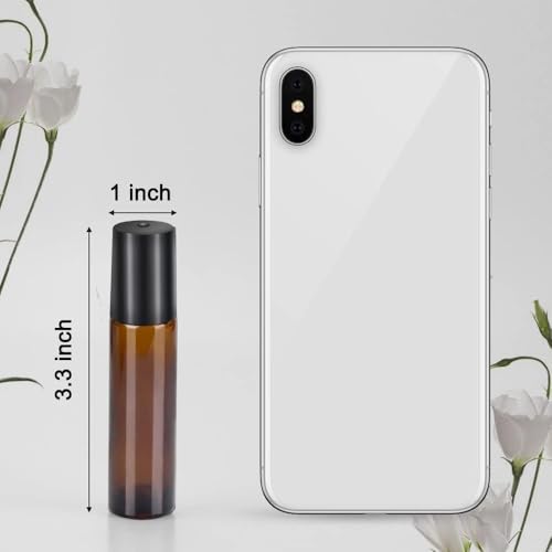 sungwoo 4 Pack Essential Oil Roller Bottles Stainless Steel, 10ml Amber Glass Roller Bottles with Caps for Travel, Perfume and Lip Gloss - color: Amber, style: 4 Pack