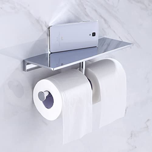 Heavy-Duty Double Toilet Paper Holder, Polished Chrome Dual Roll Toilet Tissue Holder with Phone Shelf | Solid Brass, Wall-Mount | Home & Commercial Bathroom - color: Chrome