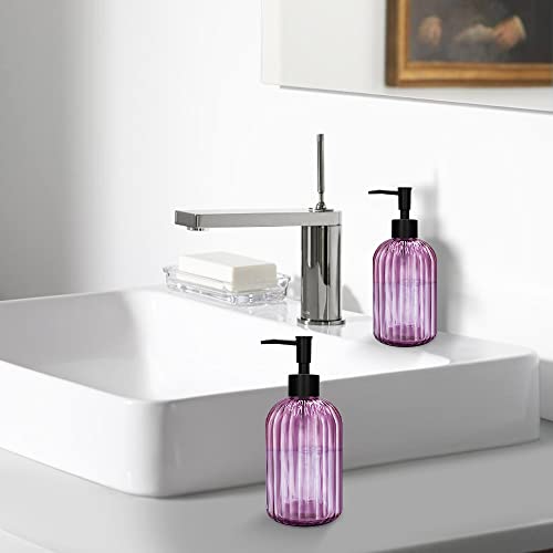 Pack of 2 Glass Soap Dispenser with Black Pump, 400 ml Refillable Pump Dispenser for Kitchen, Bathroom, Laundry Room, Liquid Glass Bottle for Washing Up Liquid, Shampoo, Conditioner (Purple) - color: Purple