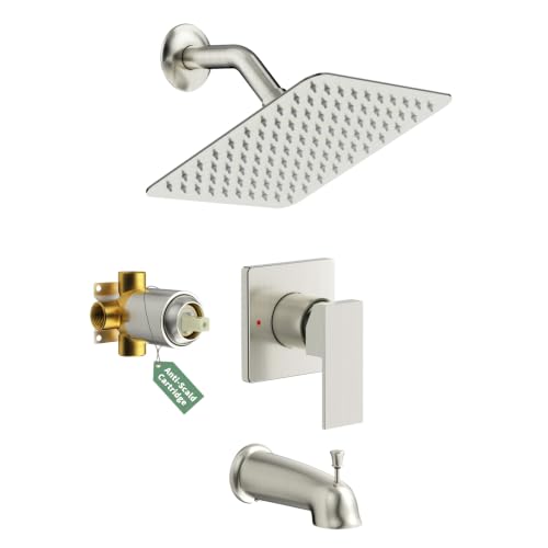 SunCleanse Tub Shower Faucet Set with Pressure Balance Valve, 8-Inch Rain Shower Head and Tub Spout, Single-Handle Shower Trim Kit, Shower Head and Handle Set for Bathroom, Brushed Nickel - color: Brushed Nickel