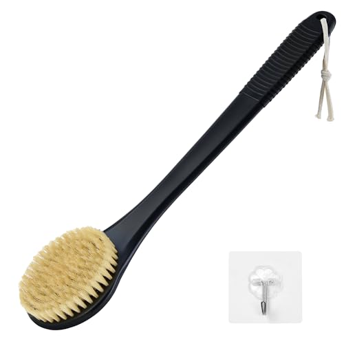 Back Scrubber for Shower, Shower Body Brush for Cleaning with Long Handle for Showering, 17 Inch Back Washer Exfoliator for Shower Men Women with Non-Slip Handle, Adhesive Hook (Black-Boar Bristles) - size: Black - Boar Bristles