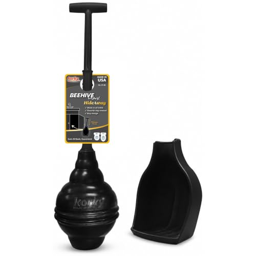 Korky BeehiveMAX Hideaway - Heavy Duty Toilet Plunger with Holder in Black - Drip Free Carry-Seals All Bowl Shapes – Powerful Clog Removal, 97-5B - color: Black