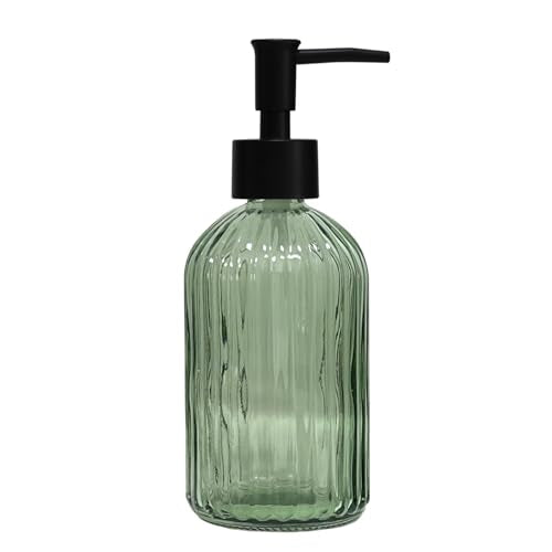Green Glass Soap Dispenser with Black Plastic Pump, 13.5oz Refillable Liquid Hand Soap Dispenser, Lotion Dish Soap Dispenser for Modern Home Decor, Bathroom, Kitchen Countertop, Hotel - color: Green