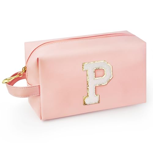 Personalized Initial Makeup Bag with Handle, Preppy Cosmetic Bag with Inner Zipper Pocket, 8 9 10 11 12 13 14 Years Old Girl, Graduation Gifts for Teen Girls Women Teachers (P, Pink) - color: Pink, style: P