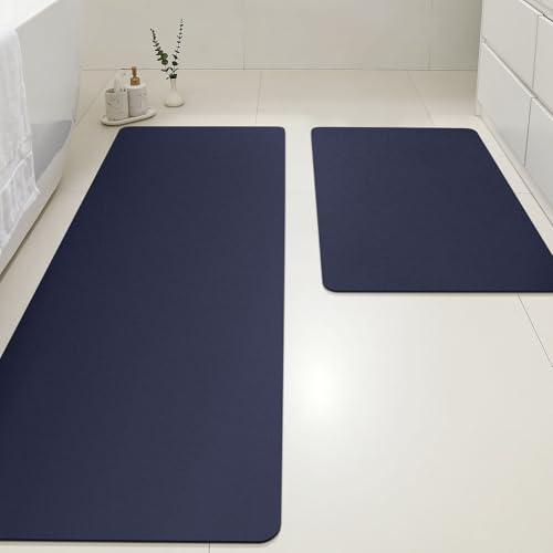 ACCUMTEK Non Slip Bath Mat, Thin Bathroom Rugs Fit Under Door, Quick Dry Bath Mats, Machine Washable Bath Rugs for Bathroom, Bathtub & Kitchen, Bathtub, Dark Blue/Solid/24 x17+48"x20" - color: Dark Blue, size: 24"x17"+48"x20"