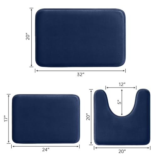 HUXMEYSON Bathroom Rugs Sets 3 Piece, Ultra Soft Velvet Memory Foam Bath Rugs, Non-Slip & PVC Backing Bathroom Mat Set, Washable Quick Dry Bath Rug - Navy - color: Navy, size: 17"x24"+20"x32"+U Shape 20"x24"