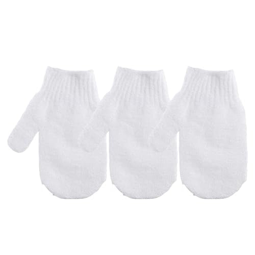 Nylon Exfoliating Gloves for Shower, 3Pcs Gentle Scrub Mitts for Body, Bath Gloves for Men and Women (White) - color: White
