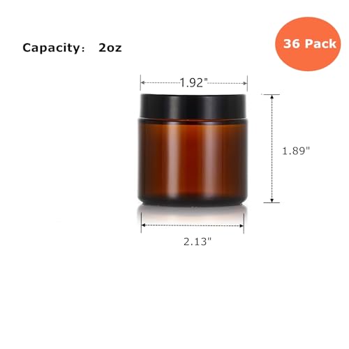 36 Pack 2oz Amber Glass Jars, Round Cosmetic Jars with with Black Lids and Inner Liners, Reusable Glass Containers for Homemade Creams, Candle, Skincare, Lotion, Travel