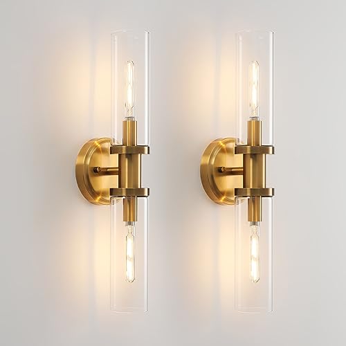 KUZZULL Wall Sconces Set of Two Brushed Brass Gold Sconces Lighting with Clear Glass Wall Lamp Modern Wall Sconce Light Fixtures Sconces Decor Set of scones Lights Set of 2 - color: brass goldclear