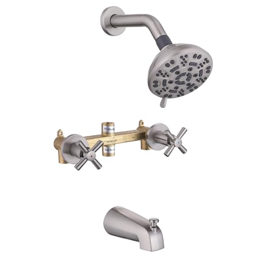 2 Handles Shower Faucet Set with Tub Spout Bathtub Shower Faucet Combo Set Shower System Complete Tub and Shower Trim Kit Wall Mounted Shower Fixtures Brushed Nickel - color: Brushed Nickel, style: 2 Handles