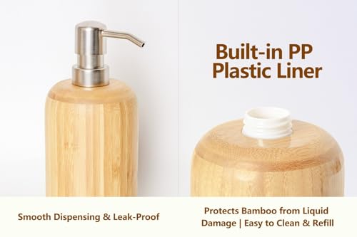 Round Bamboo soap and Lotion Pump Dispenser Bottle (10OZ/290ML) | Soap dispenser for kitchen and bathroom hand sanitizer, shower gel, shampoo