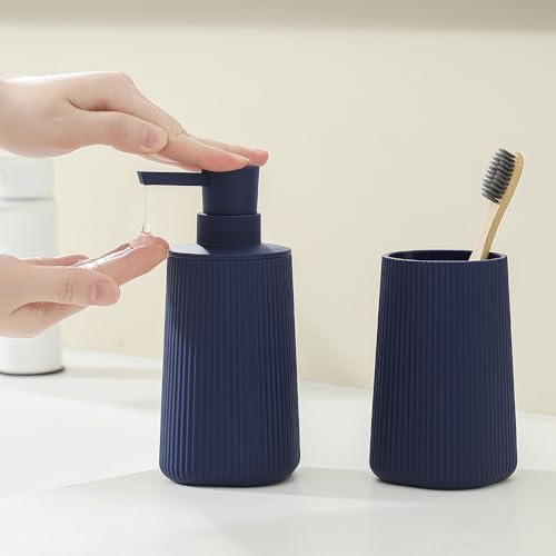 YAUKPH Bathroom Accessories Set 2 Piece Soap Dispenser and Toothbrush Holder for Bathroom Countertop Striped Blue - color: Striped Blue