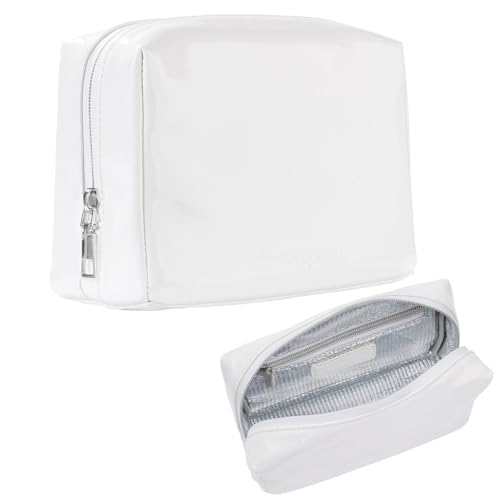 Stay Golden Insulated Makeup Bag – Heat-Resistant, Waterproof Cosmetic & Toiletry Pouch for Women | White with Silver Zipper Vegan Leather Day Pouch, Small (7.5 x 5 x 3 in) - color: White with Silver Zipper, size: Small