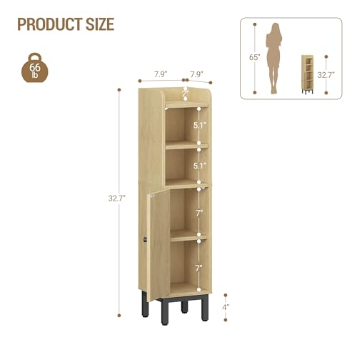 Hzuaneri Bathroom Storage Cabinet, Small Corner Floor Cabinet with Door and Shelves, Narrow Toilet Paper Holder, Bathroom Organizer with Adjustable Shelf, for Small Spaces, Yellow BC08202B - color: Yellow, size: 7.9"D x 7.9"W x 32.7"H