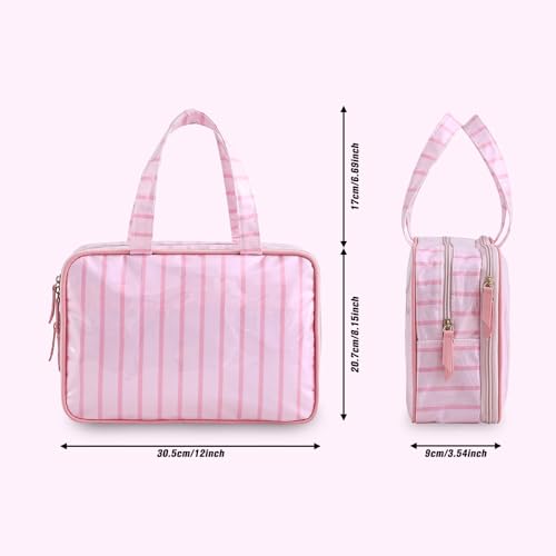 Travel Toiletry Bag for Women, Waterproof Clear Coated Portable Stripe Makeup Cosmetic Bag with Compartment, Travel Organizer for Shampoo, Conditioner, Brushes Set,Cosmetic Accessories(Pink Stripe) - color: Pink Stripe