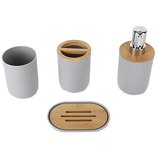 Set of 4 Complete Bathroom Accessories, Bathroom Set with Toothbrush Holder, Dish, Lotion Dispenser and Cup, in Plastic + Bamboo(Grey) - color: Grey