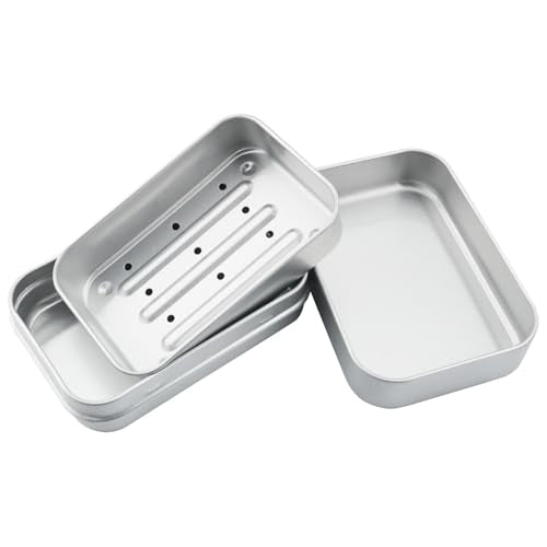 Aluminum Travel Soap Container with Lid Self-Draining Soap Dish Metal Storage Rack Portable Moisture Resistant Soap Holder for Traveling Gym Silver Double Square Drainable Soap Case