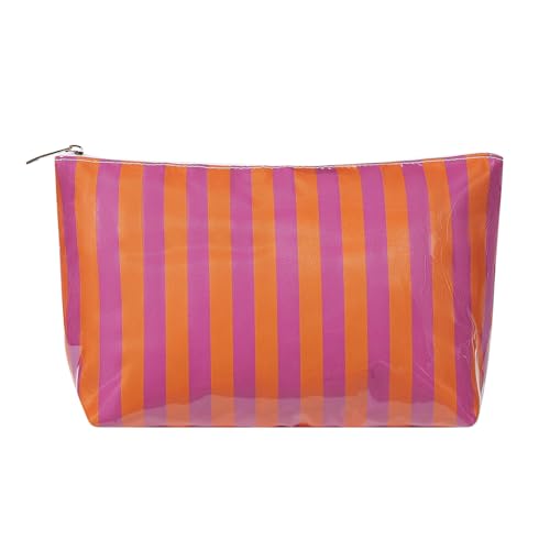 RSRSLEII Large Waterproof Travel Stripe Makeup Bag,Aesthetic PVC Toiletry Bag,Coquette Cosmetic Bag Organizer,Cute Preppy Carry-on Travel Accessories Essentials for Women Girls(03Orange Purple) - color: 03Orange Purple